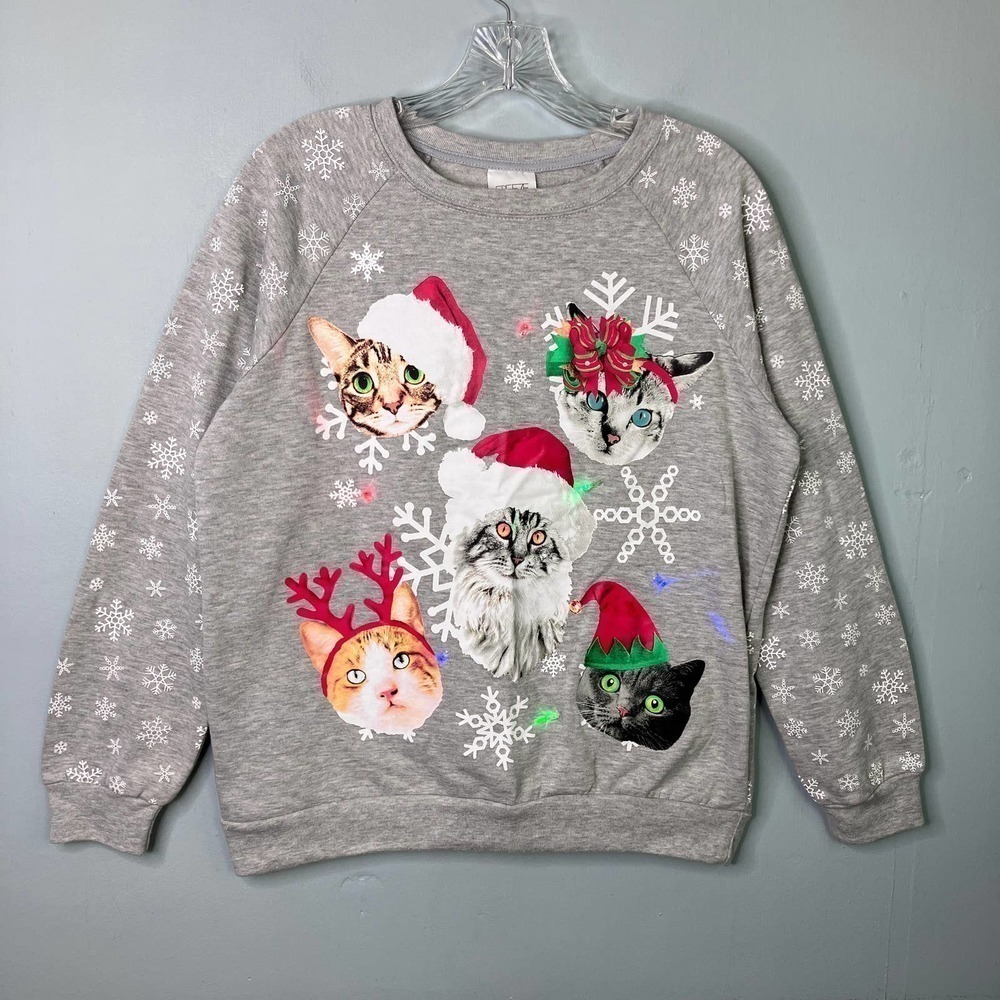 Freeze Heather Gray Light Up Christmas Cats Holiday Sweatshirt Juniors Sz M 7-9